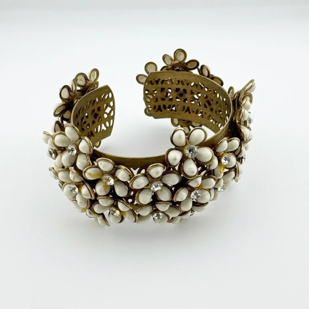 Vintage‎ Floral Rhinestone Cuff Bracelet White Enamel Flowers Gold Tone Bangle